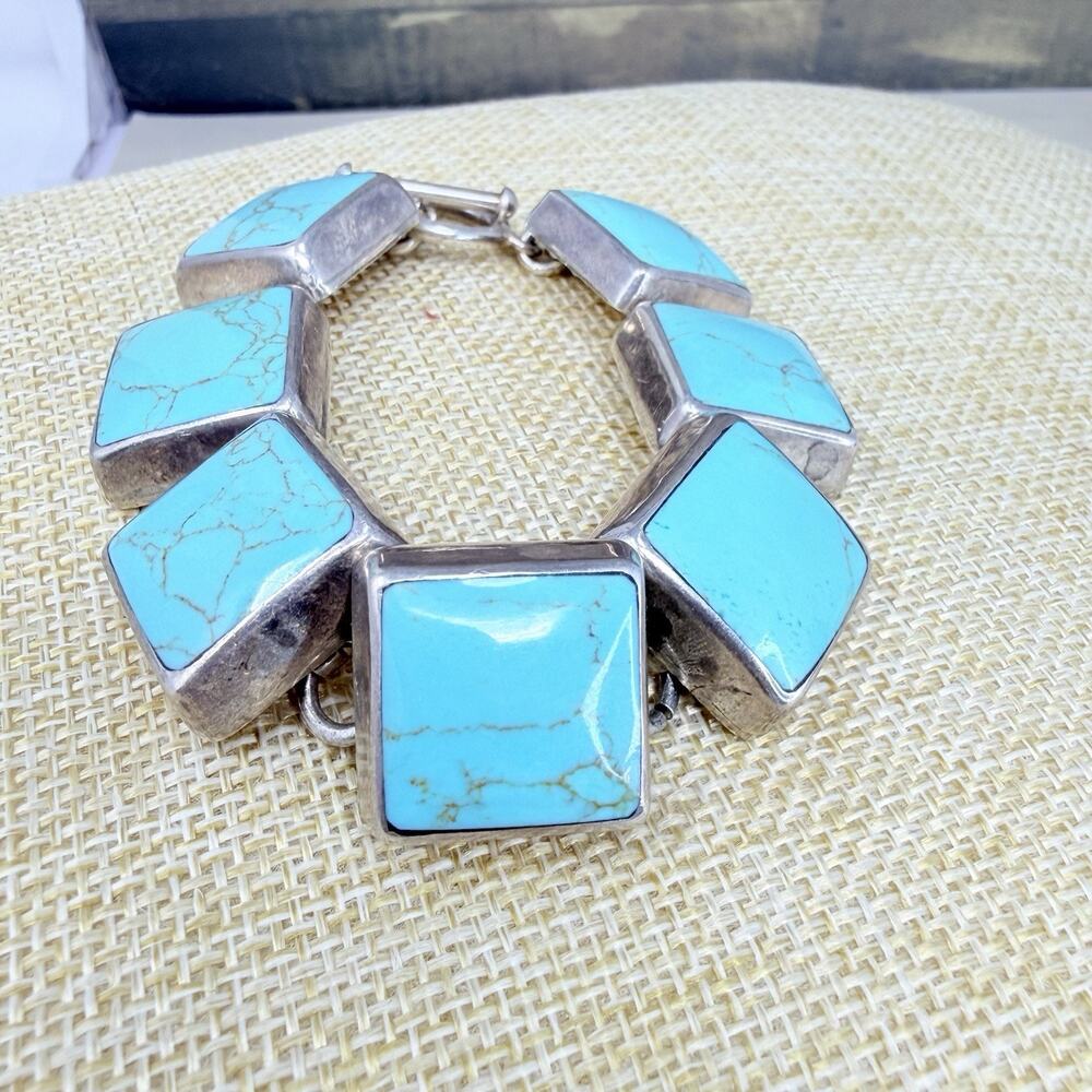 Vintage Sterling Silver 7 Panel Chunky Turquoise Heavy Bracelet 74 Grams
